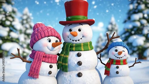 Three cheerful snowmen in a winter wonderland with falling snow and pine trees.