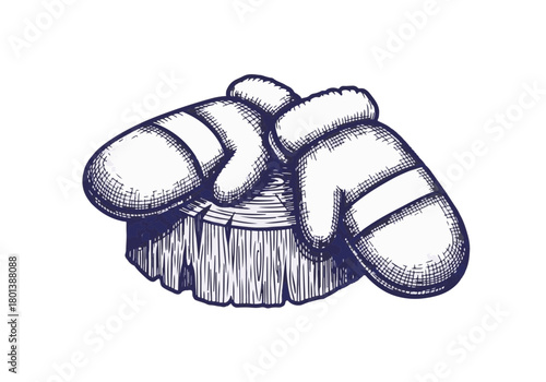 Cozy winter mittens resting on a wooden stump, showcasing soft textures and warm colors, embodying the essence of winter comfort and seasonal warmth