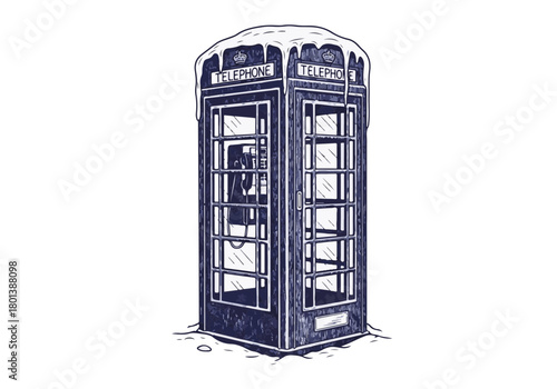 Vintage telephone booth covered in snow, standing alone in a winter landscape, evoking nostalgia and the charm of a bygone era in a serene environment