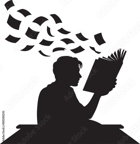 Silhouette of a person reading a book with papers flying representing knowledge education and information overload