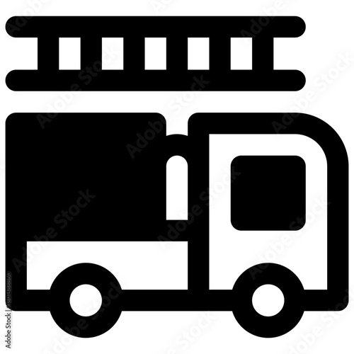 Fire engine. Outlined stroke vector icon with black-filled details.