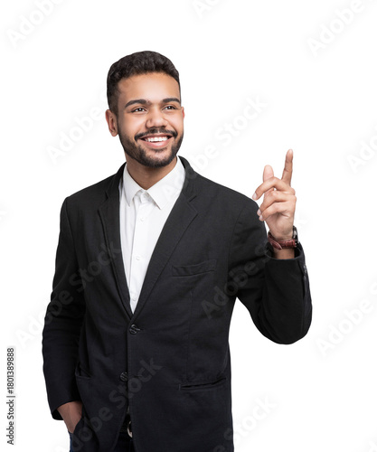 Portrait of handsome smiling young man pointing up isolated transparent PNG. Laughing joyful cheerful businessman isolated studio shot