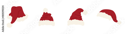 A set of red Santa hats of various shapes on a white background. A festive Christmas headdress with white fur trim and a pom-pom. A traditional Christmas element.