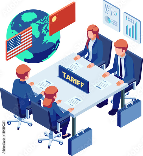 Isometric Trade War Tariff Negotiations Table