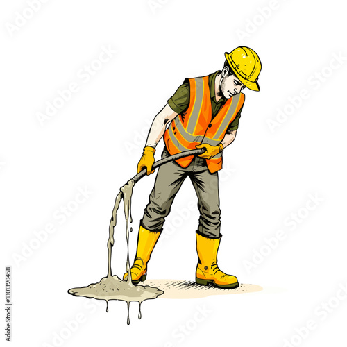 Construction worker with shovel on ladder in safety gear at building site