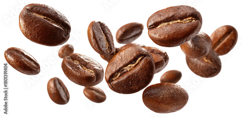 Roasted coffee beans scattered in a dynamic arrangement against a dark background