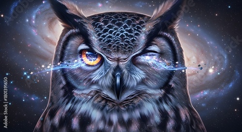 A majestic owl with cosmic and galaxy-themed elements in its eyes and feathers, set against a starry universe background, creating a surreal and mystical atmosphere