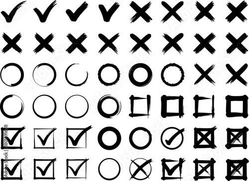 Hand-Drawn Check and Cross Marks Vector Set Isolated on White Background – Brush Stroke Icons, Tick and Vote Symbols, Approval and Rejection Design