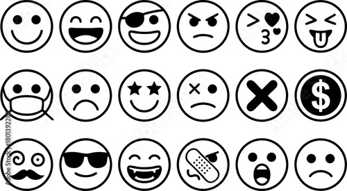 Emoji Faces Icon Set Isolated on White Background – Vector Emotions Collection, Smiley Expressions for Chat, Communication, and Social Media Design