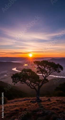 A stunning sunset over a winding river with a solitary tree in the foreground and layered mountains in the distance under a colorful sky