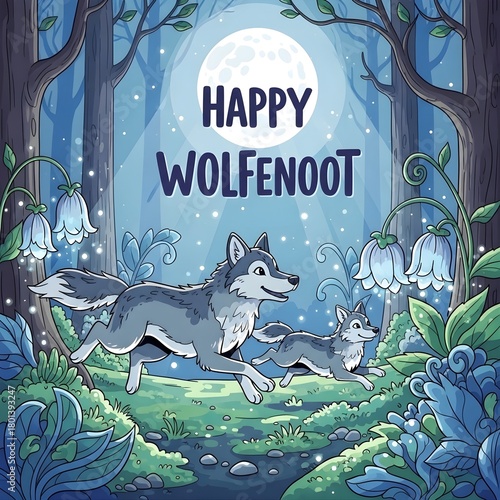 Fantasy Vector of Wolves Running through Enchanted Moonlit Forest for Wolfenoot day