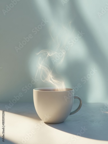 Ultra realistic close up of steam rising from coffee mug in soft morning light