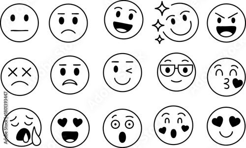 Emoticon Faces Vector Icon Set Isolated on White Background – Collection of Emoji Expression Symbols, Line Art Design for Chat or Media Mood Illustration