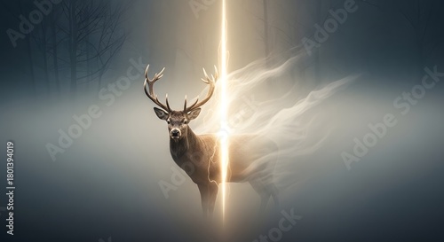 A majestic deer standing in a foggy forest with a mystical light beam illuminating its antlers and body, creating a surreal and enchanting atmosphere