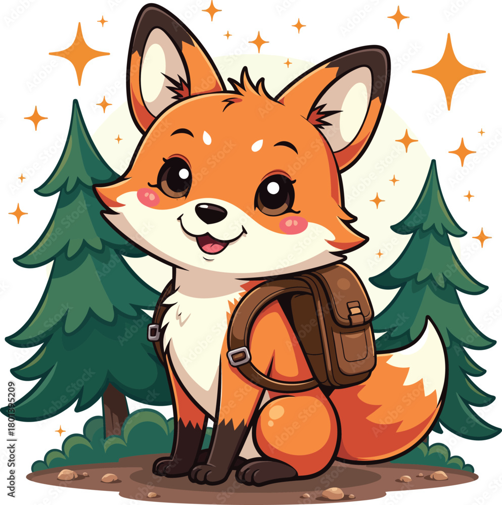 Fototapeta premium Adorable Fox Cub Adventurer with Backpack in Whimsical Forest Illustration