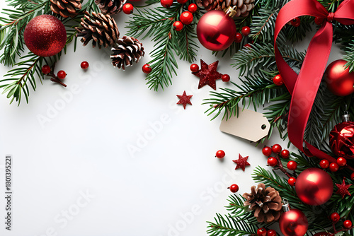 christmas decoration card frame with red ribbon band and fir tree branches isolated on white backgroun, festive Christmas  decorations made of pine branches, ribbons, pinecones, ornaments and star