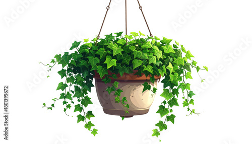 Wallpaper Mural A vibrant, cartoon-style depiction of a lush, green ivy plant overflowing from a hanging clay pot against a black background Torontodigital.ca