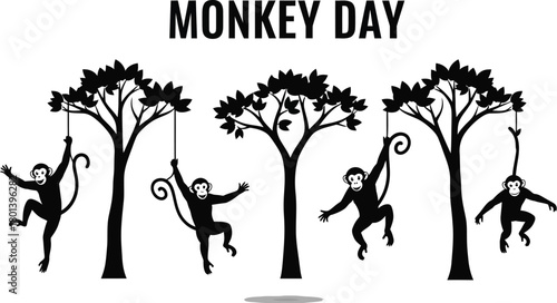 Playful monkey day illustration with trees and swinging monkeys isolated on white background