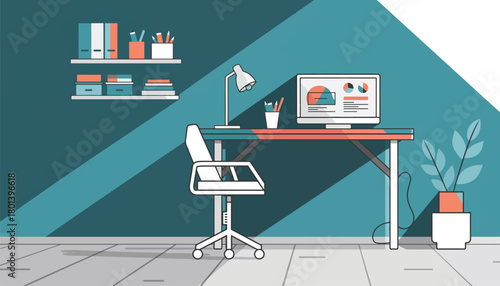 Vector illustration of home office desk with laptop