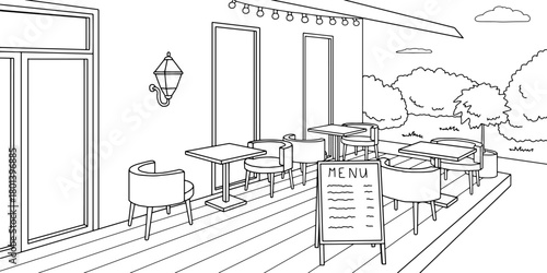Cafe terrace graphic black white sketch illustration vector 