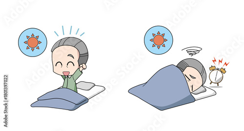 寝起きが良い・寝起きが悪いイラストのセット・高齢男性