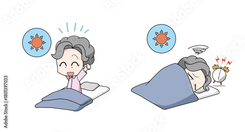 寝起きが良い・寝起きが悪いイラストのセット・高齢女性