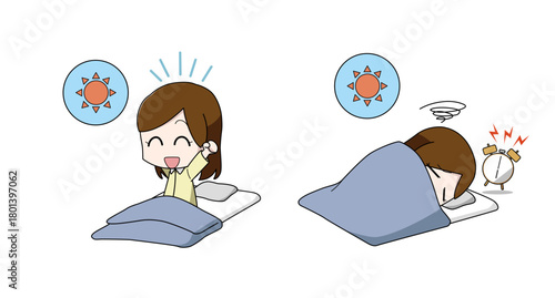寝起きが良い・寝起きが悪いイラストのセット・女性
