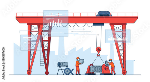 Engineers precisely operate a large industrial gantry crane, assembling heavy machinery, demonstrating modern manufacturing processes and technological integration.