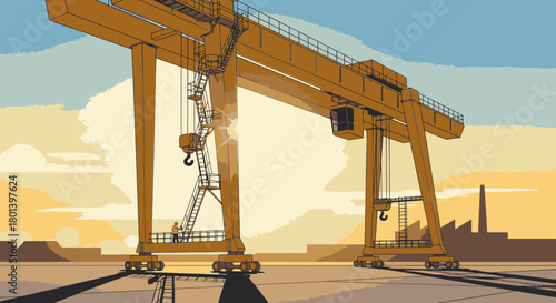 A colossal yellow gantry crane stands prominently over railway tracks in an industrial setting, symbolizing heavy lifting, construction, and global logistics.