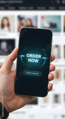 A person holding a smartphone with a digital order now button displayed on the screen in a retail or online shopping environment