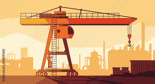 A massive gantry crane dominates an industrial landscape at sunset, with factory silhouettes in the background, symbolizing heavy construction and manufacturing.