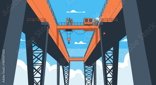 A powerful industrial gantry crane, painted vibrant orange, stands tall against a clear blue sky, symbolizing heavy construction and engineering progress.