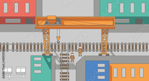 An overhead gantry crane operates above multiple railway tracks, with workers overseeing operations in a stylized industrial setting, presented as a modern flat illustration.