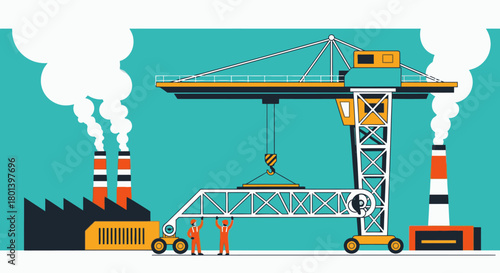 A modern illustration depicts a powerful gantry crane carefully lifting a large structural beam, with two workers assisting at a busy industrial factory.