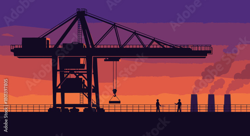 A vibrant sunset illuminates the silhouette of a massive port crane and two workers overseeing industrial operations at a bustling shipping terminal.