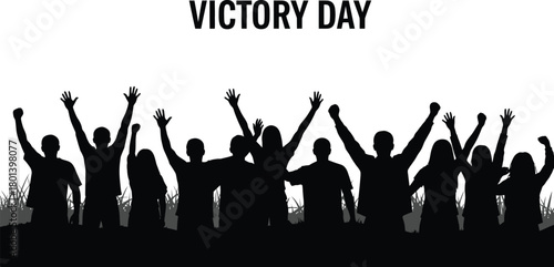 Silhouettes of crowd with raised arms celebrating victory day against city skyline