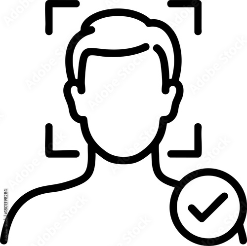 Face recognition icon, biometric identification line art. Secure identity verification technology symbol, face scan outline vector illustration.