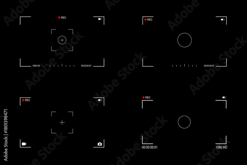 Background for cinematic production with camera photo view and zoom exposure overlay shows blank electronic display snapshot frame. Film Camera Viewfinder Overlay. App for record from mobile camera.