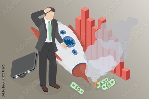Failed and crashed business startup. Sad business manager standing near broken rocket. Metaphor of launching new business failure. 3D flat isometric vector illustration.