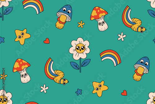 Seamless floral pattern, cute textile print in retro groovy motif. Cool wallpaper design of funny cartoon plants, happy daisy, mushrooms, rainbow, flowers on green background. Vector illustration.