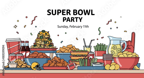 Super Bowl party food spread with football and drinks