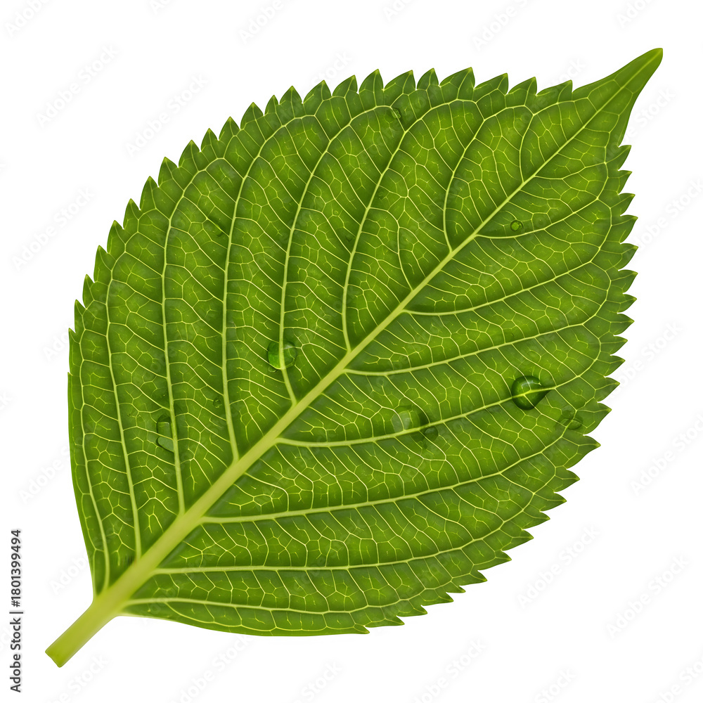 Obraz premium Detailed close-up of a vibrant green hydrangea leaf with intricate veins against a black canvas, isolated on white or transparent background, PNG Format.