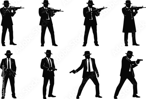 Gangster silhouettes with guns and tommy guns, vintage mafia men in suits and hats, mobster holding pistol and machine gun, crime underworld character 