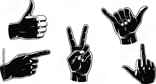 Hand gesture silhouettes thumbs up peace sign pointer shaka rock on middle finger, expressive human hands collection, communication symbols and 