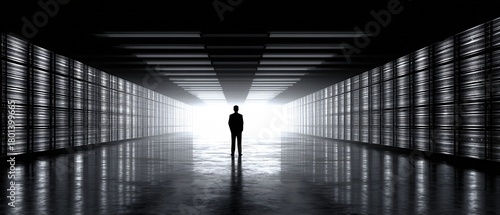 CEO silhouette overlooking giant AI server hall, strategic business mood, cinematic, copy space,