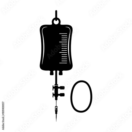 IV drip bag and O blood type symbol. Medical vector icon for blood donation, transfusion, or hospital treatment. Isolated on white background.