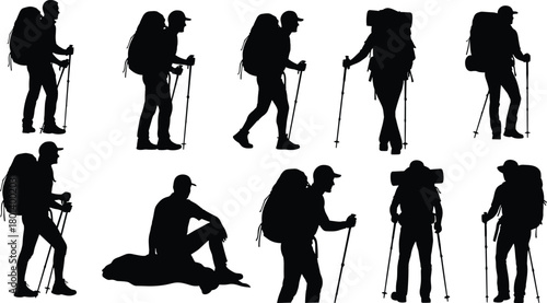 Hiking backpacker silhouettes trekking with poles, mountain hikers walking and resting, outdoor adventure travel camping trip, people exploring nature 