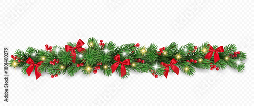 Christmas garland of fir branches, red berries, bows and lights isolated on a transparent background. Vector realistic pine tree branches border for winter decoration banner, poster, greeting card.