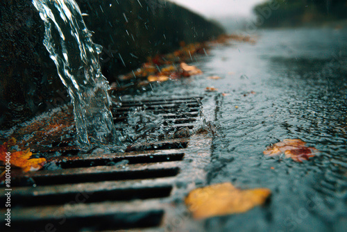 Storm drain hatch captures rainwater flow during a rainy day in a city street