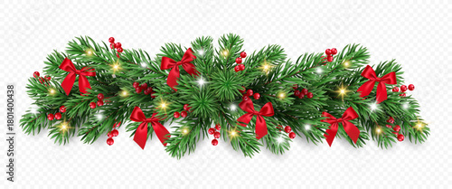 Christmas garland of fir branches, red berries, bows and lights isolated on a transparent background. Vector realistic pine tree branches border for winter decoration banner, poster, greeting card.